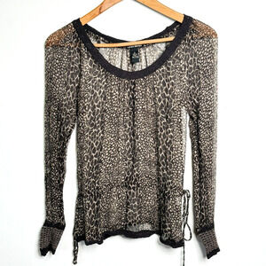 Lucky Brand‎ Sheer Leopard Print Long Sleeve Top Smocked Waist Drawstring
